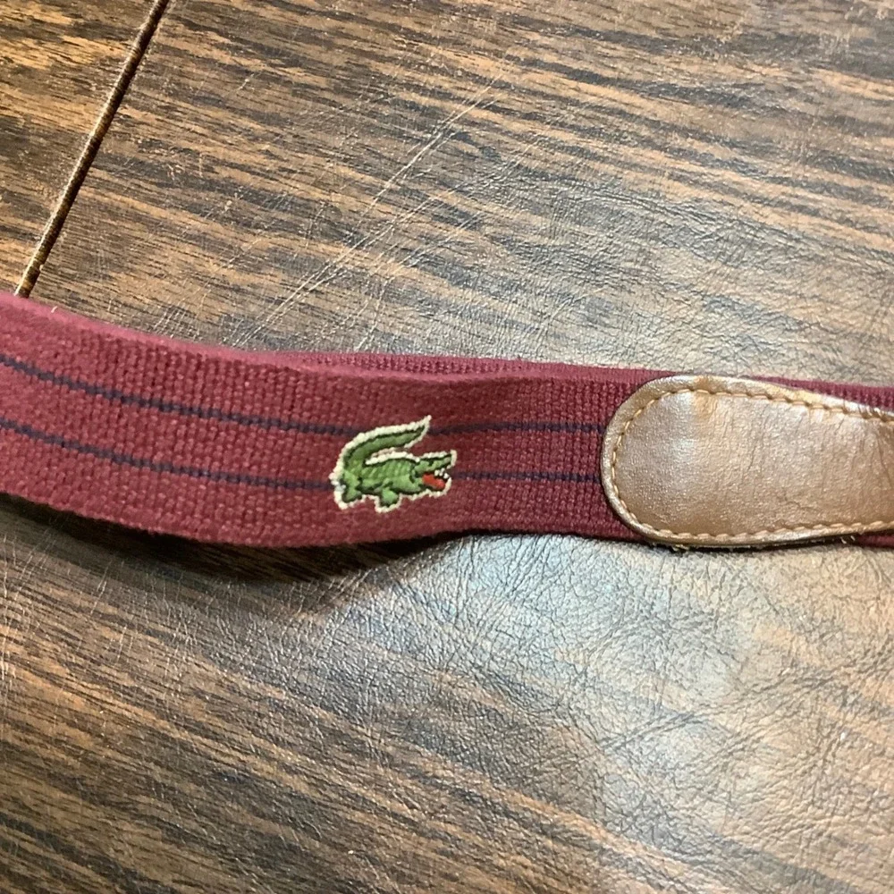 Vtg Izod Lacoste Mens Belt‎ 36 Burgundy Maroon Canvas Leather Stripe Surcingle